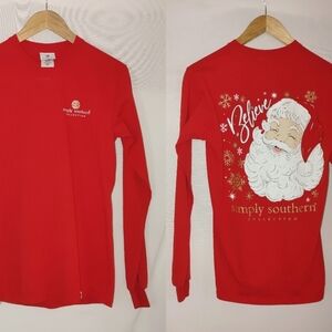Simply Southern Long Sleeve Shirt Red Gold Glitter Santa Claus Believe Graphic S